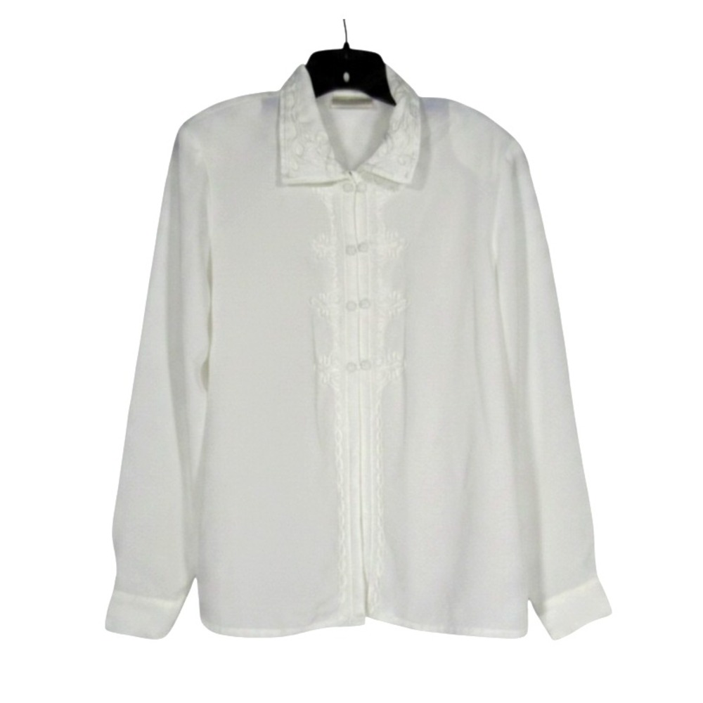 VTG CHRISTIE & JILL White CREPE SATIN Embroidery Design BUTTON-UP Blouse/Top 14
